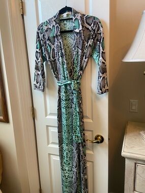 Boston Proper Mint and Black Snake-Print Wrap Maxi Dress